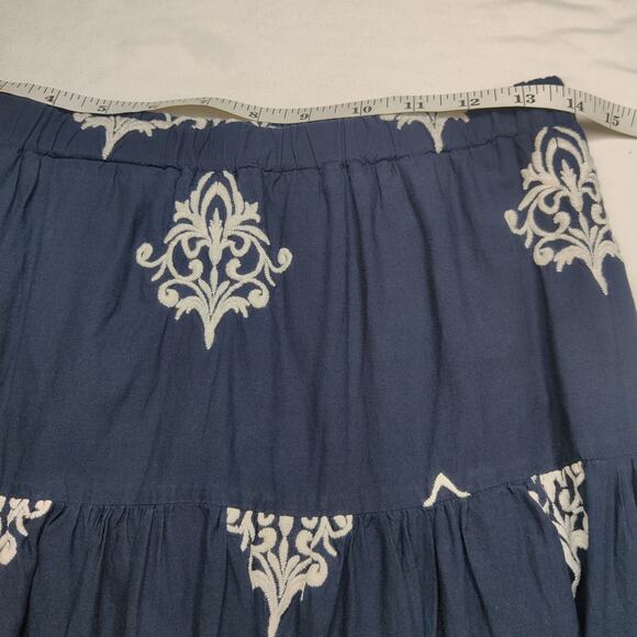 NVLT Embroidered Tiered Cotton Maxi Peasant Skirt Navy Blue Fleur de Lis Small - Picture 11 of 13